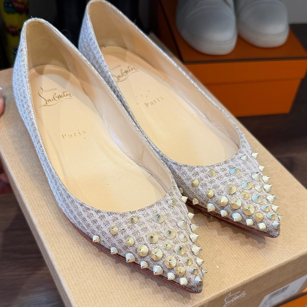 Christian Louboutin Metallic Silver Pointed Stud Flats